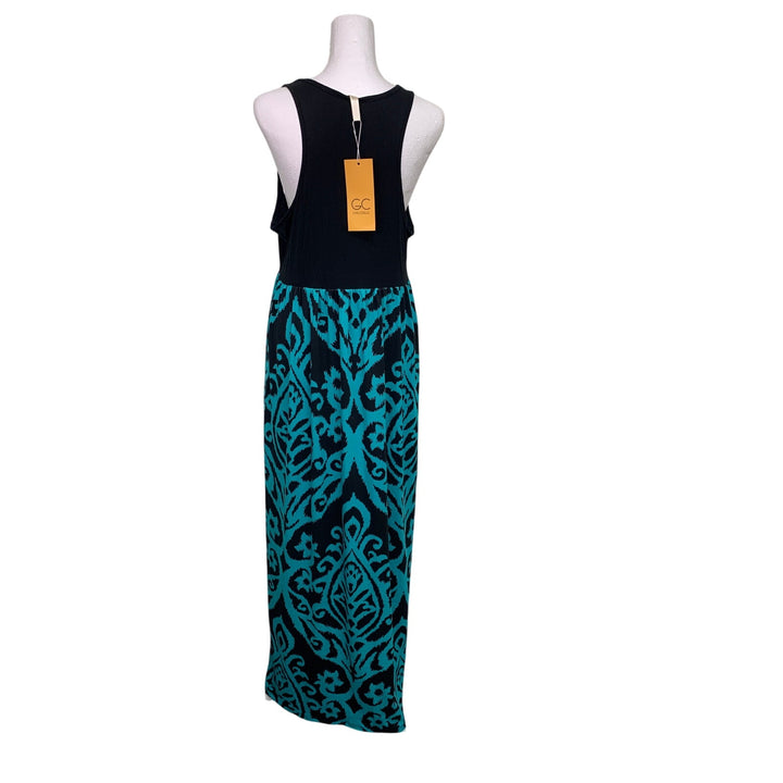NWT New Grecerelle Womens XL Black Teal Sleeveless Abstract Floral Maxi Dress