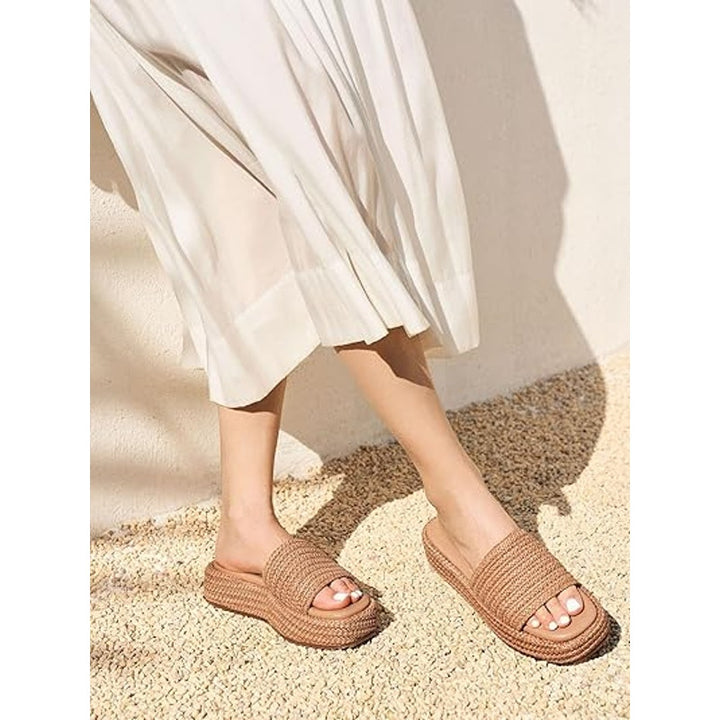 Coutgo Womens Size 8 Tan Raffia Espadrille SlipOn Open Toe Platform Sandal Shoes