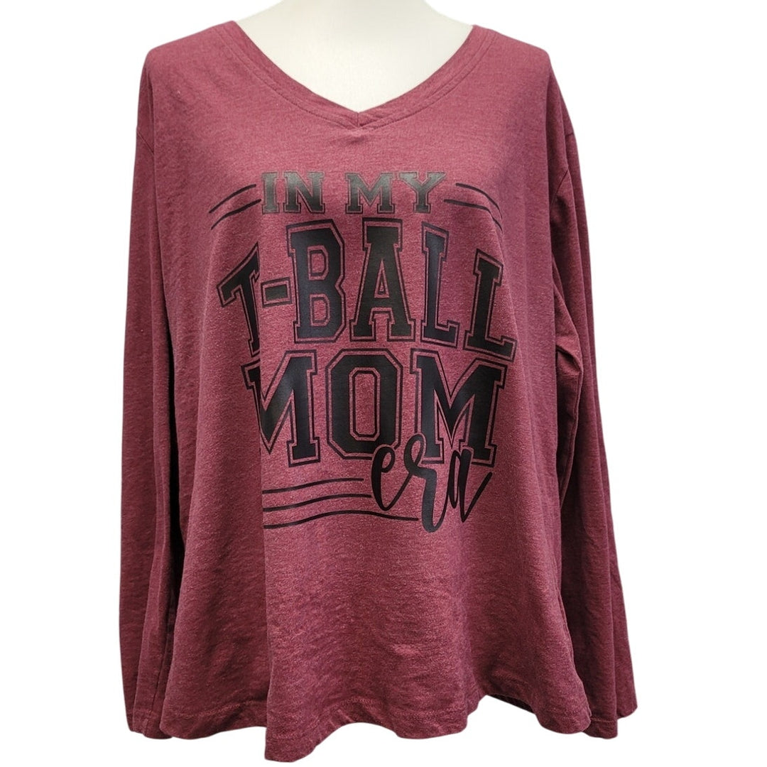 Hand Printed Upcycled Womens 1X In My T-Ball Era Long Sleeve VNeck Tee Shirt