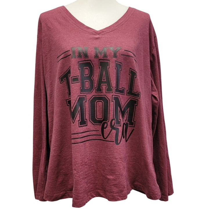 Hand Printed Upcycled Womens 1X In My T-Ball Era Long Sleeve VNeck Tee Shirt