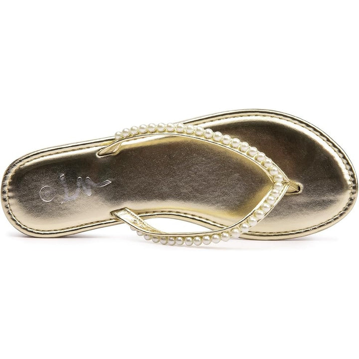 LM Womens Size 7 Shiny Gold Pearl Slide On Dressy Flip Flop Flats Thongs Sandals