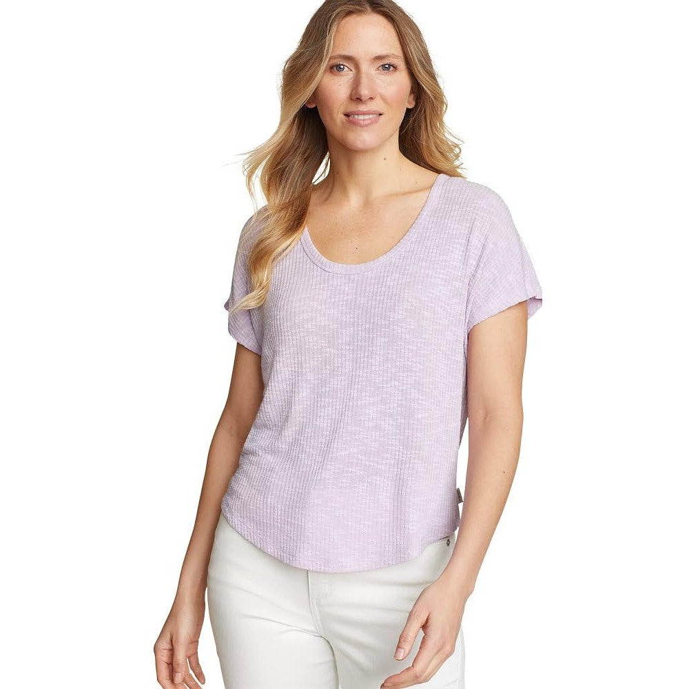 New Eddie Bauer Womens Lilac Short Sleeve Stretchy Revive Ribbed Scoop Neck Top