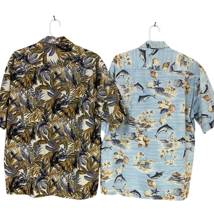 Lot of 2 Campia Moda Mens Large Cotton Floral Fish Short Sleeve Button Up Shirts