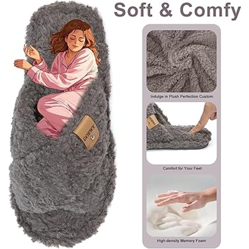 Goewy Womens Size 7-8 Gray Open Toe Fuzzy Memory Foam Slide On Slipper Shoes