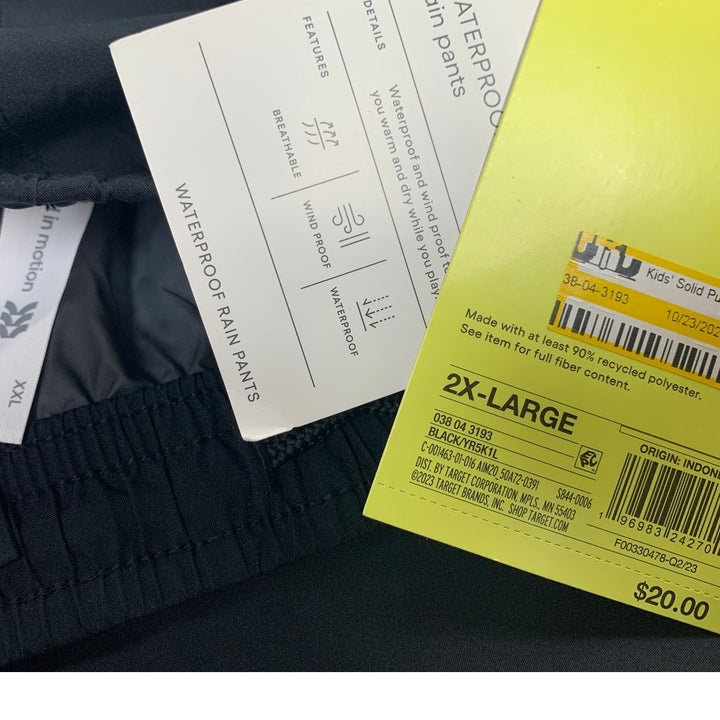 NWT New All In Motion Boys XXL Drawstring Waist Wind Water Proof Rain Pants