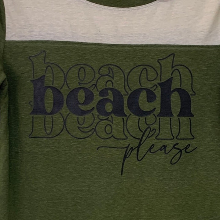 Upcycled Hand Printed Womens Medium Beach Please Crew Neck White Stripe Tee