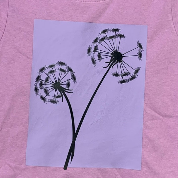 New Upcycled Hand Printed Girls Large 10/12 Purple Dandelion Wish Tee Shirt