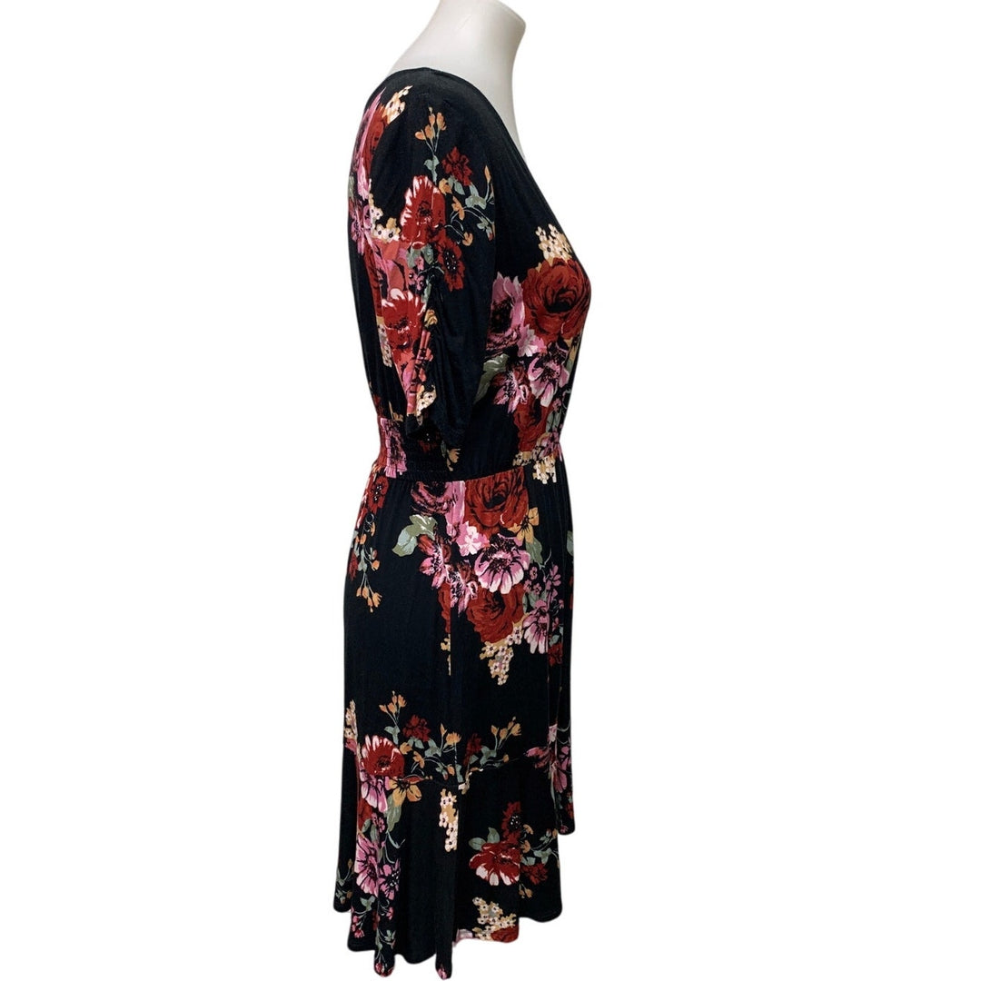 Maurices Womens Small Half Sleeve V Neck Black Pink Floral Fit n Flare Dress