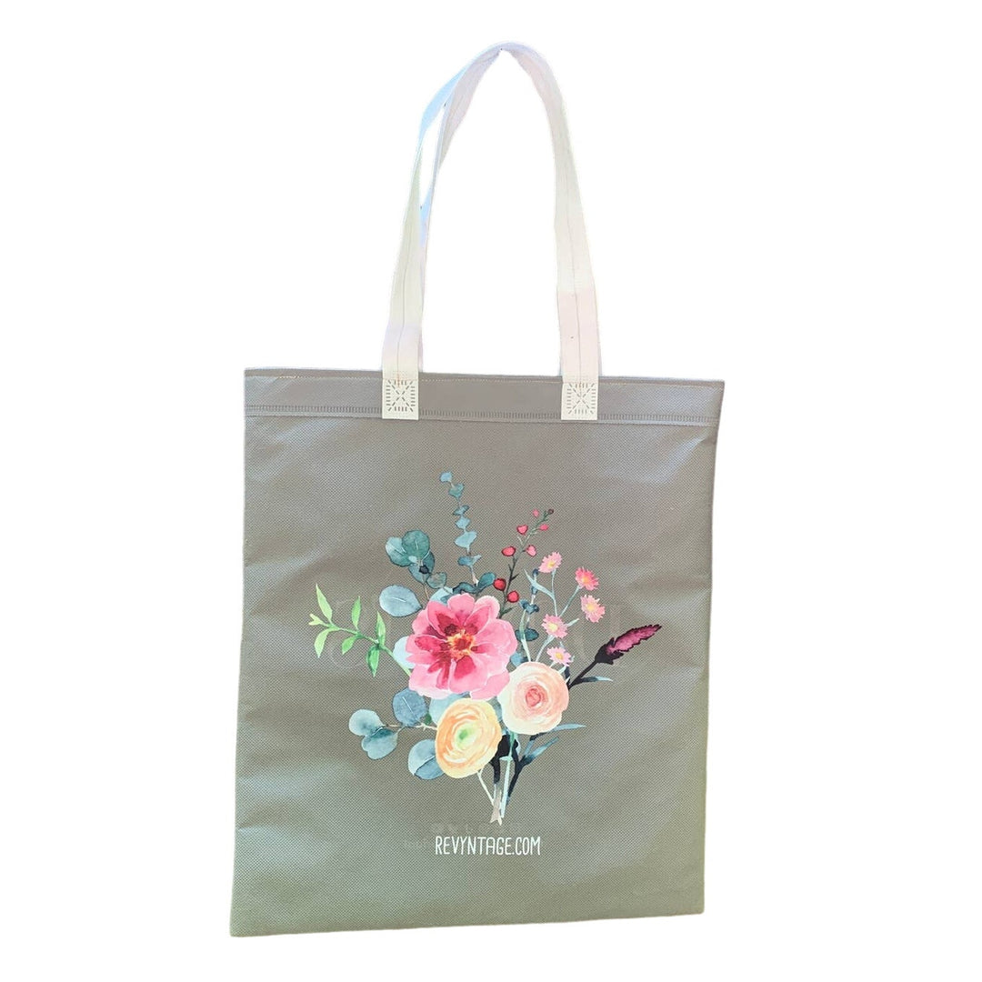 Upcycled Hand Printed Summer Flower Peony Aster Eucalyptus Floral Tote Bag