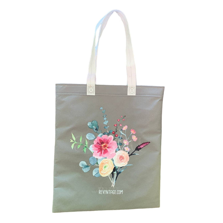Upcycled Hand Printed Summer Flower Peony Aster Eucalyptus Floral Tote Bag