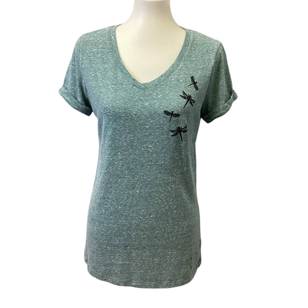 Hand Printed Upcycled Juniors Large Dragonfly V Neck Short Sleeve Tee Shirt