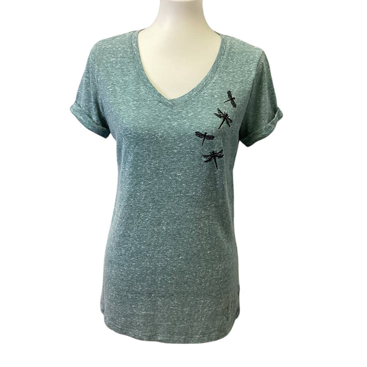 Hand Printed Upcycled Juniors Large Dragonfly V Neck Short Sleeve Tee Shirt