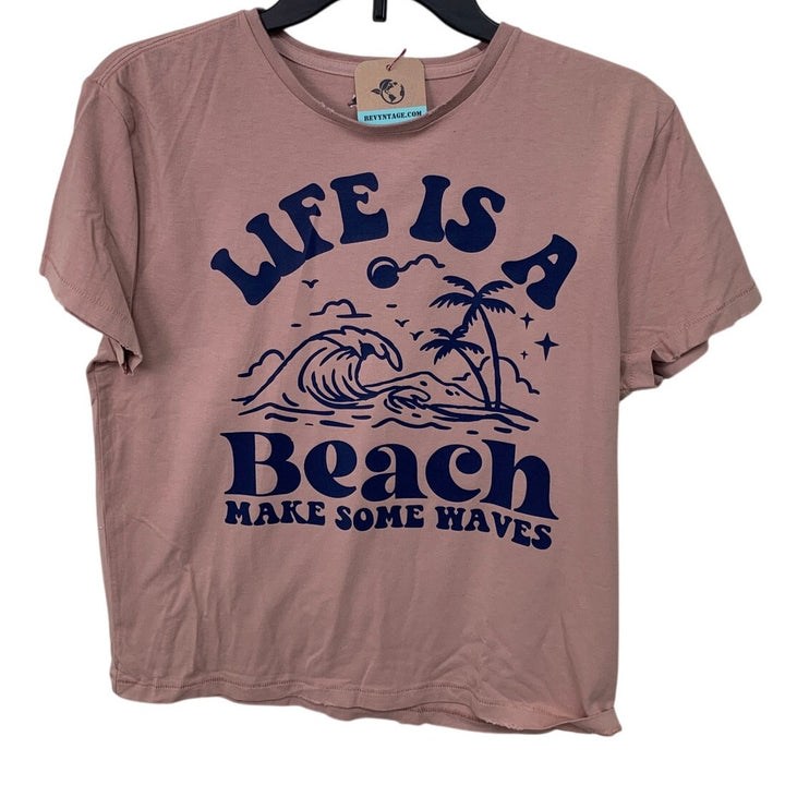 New Upcycled Hand Printed Womens Medium Life Is A Beach Crew Neck Rugged Tee