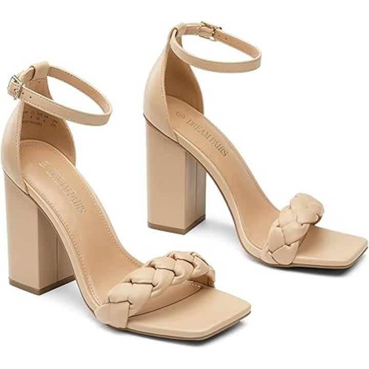 Dream Pairs Womens Size 9 Tan Braided 4" Block Heel Open Toe Ankle Strap Shoes