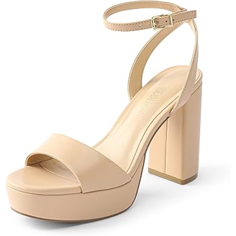 Dream Pairs Women Size 8 Tan Nude Faux Leather 4.5" Chunky Heel Open Toe Shoes