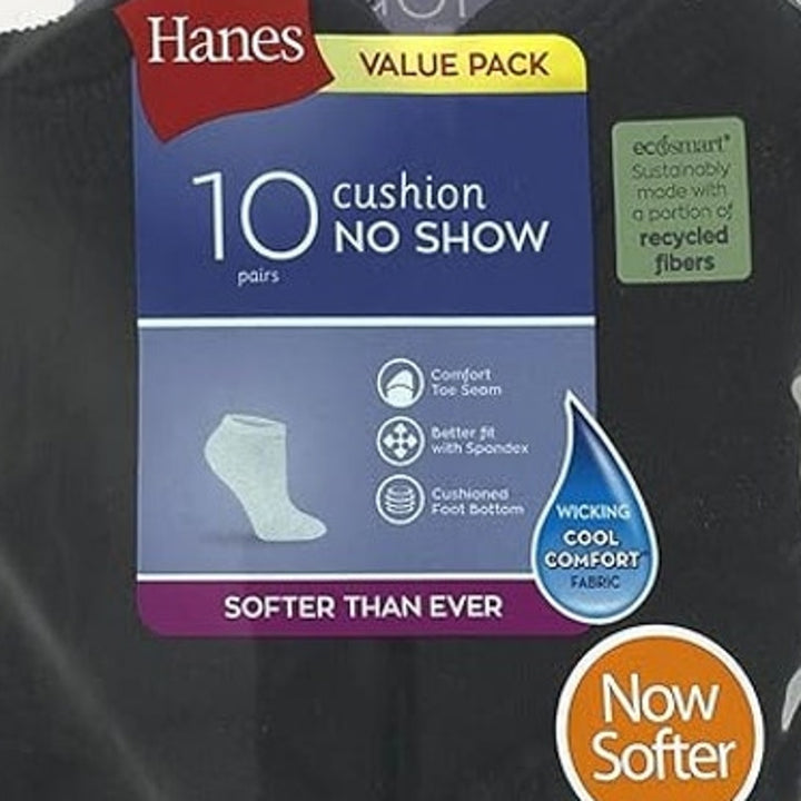 10-Pack Hanes Womens 5-9 US Black No Show Soft Moisture Wicking Socks