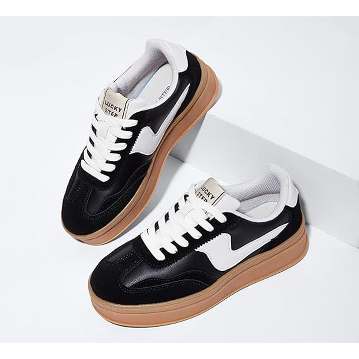 Lucky Step Womens Size 7 Black Platform Genuine Leather Classic Sneakers Shoes