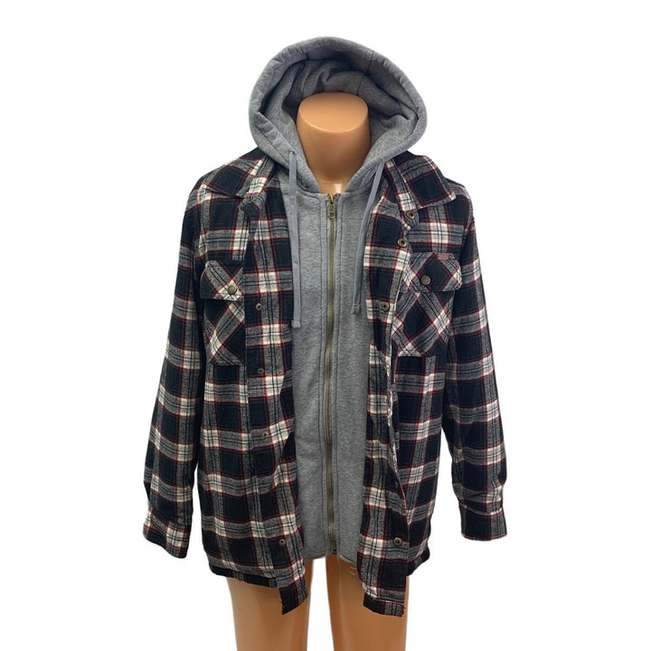 Rugged Wear Mens Medium PolyCotton Zip &amp; Snap Warm Plaid Flannel Hoodie Jacket