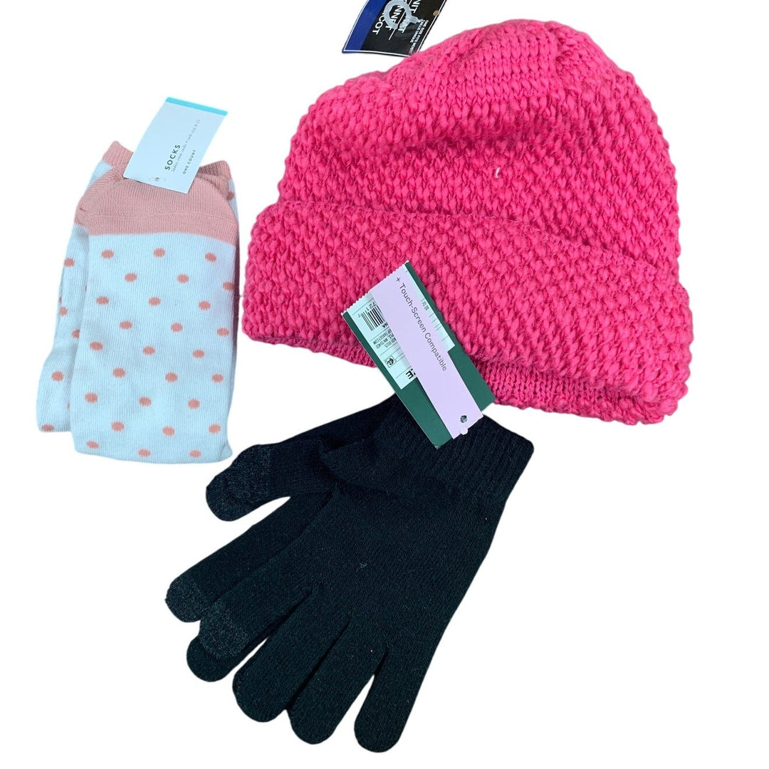 Lot of 3 NWT New Knit Hat Touch Screen Compatible Gloves Polka Dot Socks