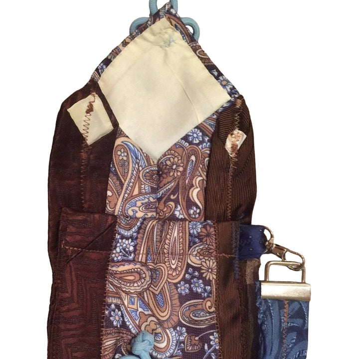 Handmade Upcycled Brown &amp; Blue Necktie Wristlet Pouch with Removable Strap