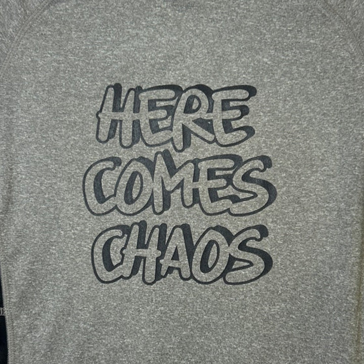 New Hand Printed Boys Medium Heathered Here Comes Chaos Short Sleeve Tee Shirt