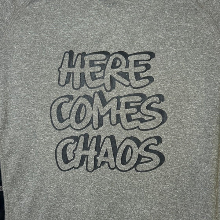 New Hand Printed Boys Medium Heathered Here Comes Chaos Short Sleeve Tee Shirt