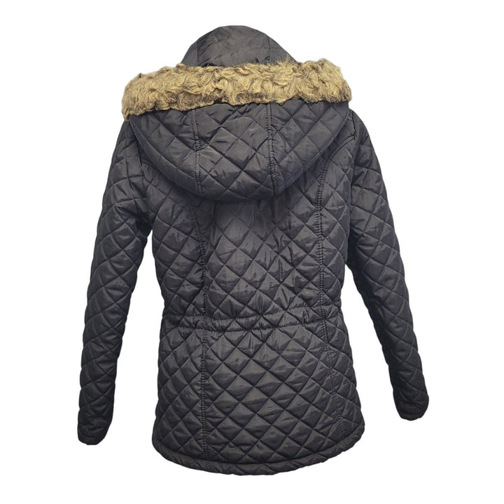 Jason Maxwell Womens Medium Black Quilted Faux Fur Hood Hooded Snap Up Coat