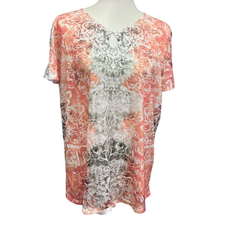 Time &amp; Tru Womens Large Rhinestone Lace Scrollwork Short Sleeve Polyester Tee