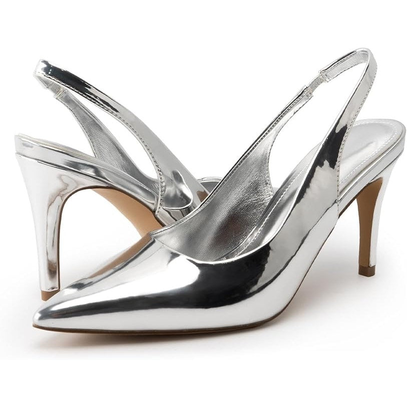 HeelChic Womens Size 6.5 Silver Mirror Slingback 4" Heel Pointy Toe Pumps Shoes