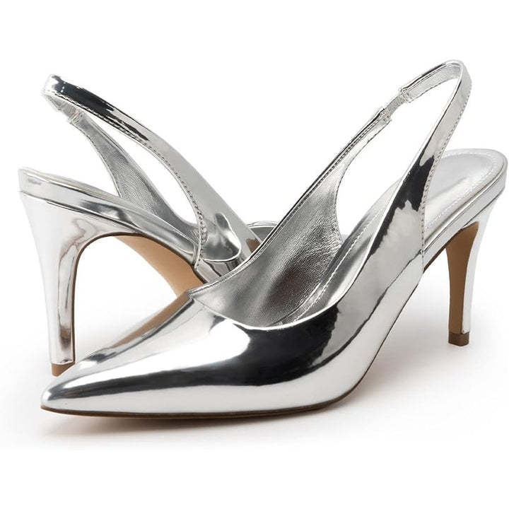 HeelChic Womens Size 6.5 Silver Mirror Slingback 4" Heel Pointy Toe Pumps Shoes