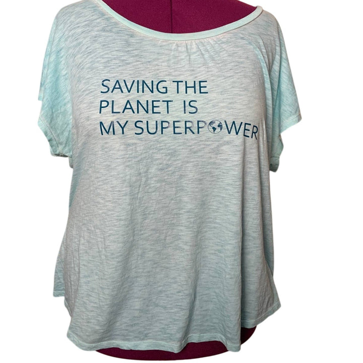 Hand Printed Upcycled 2X Saving the Planet is My Superpower Polycotton Tee