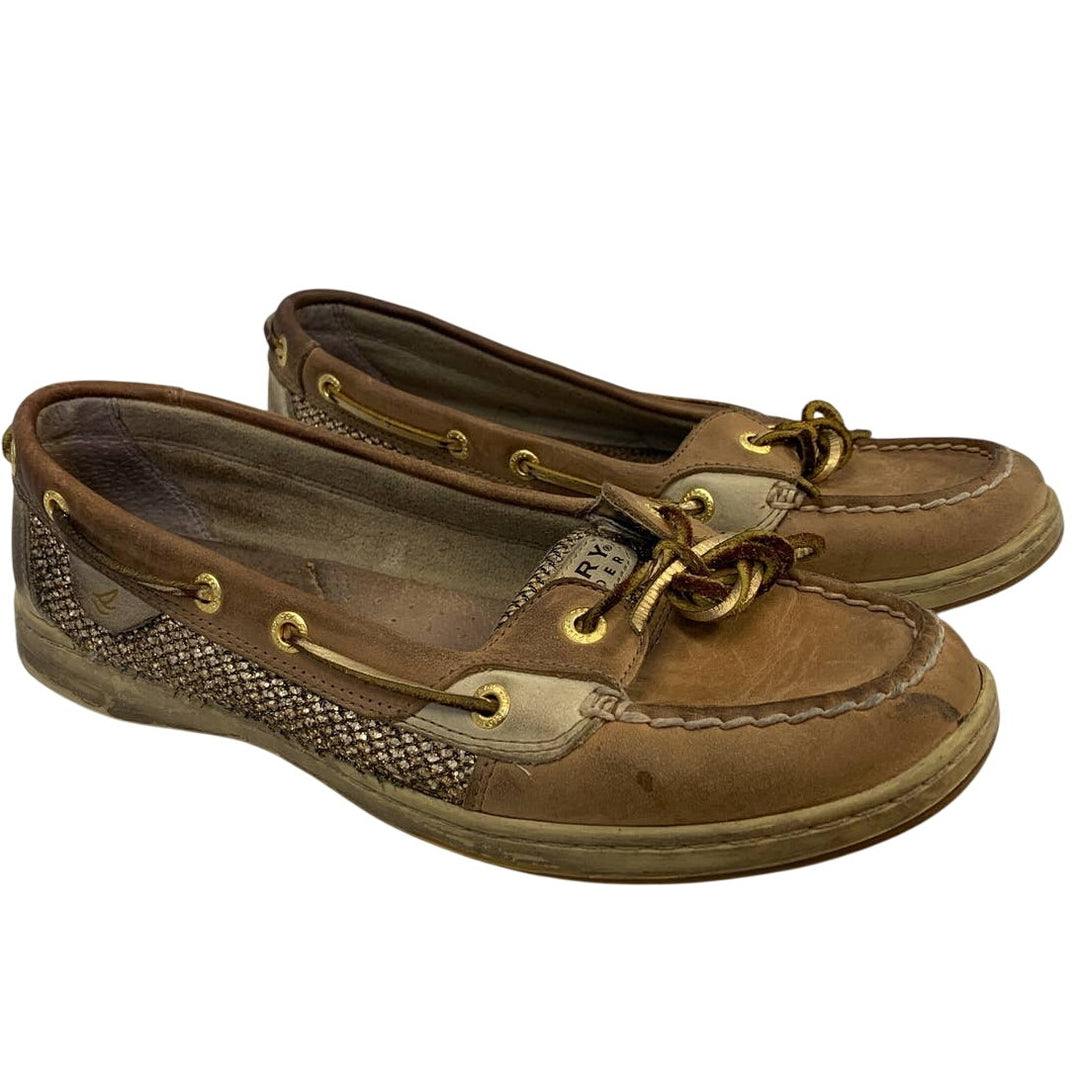 Sperry US 9.5 Sparkle Gold Tan Leather Topsiders Slip On Boat Shoes Loafers