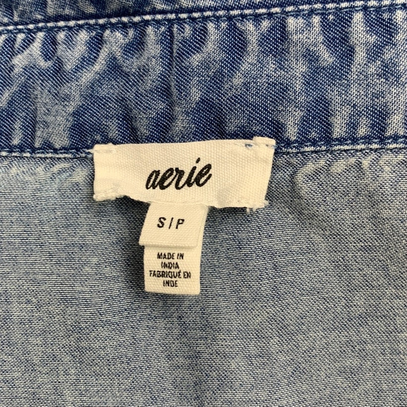 New Aerie Womens Small Short Sleeve Collared Deep V Neck Stretch Denim Top