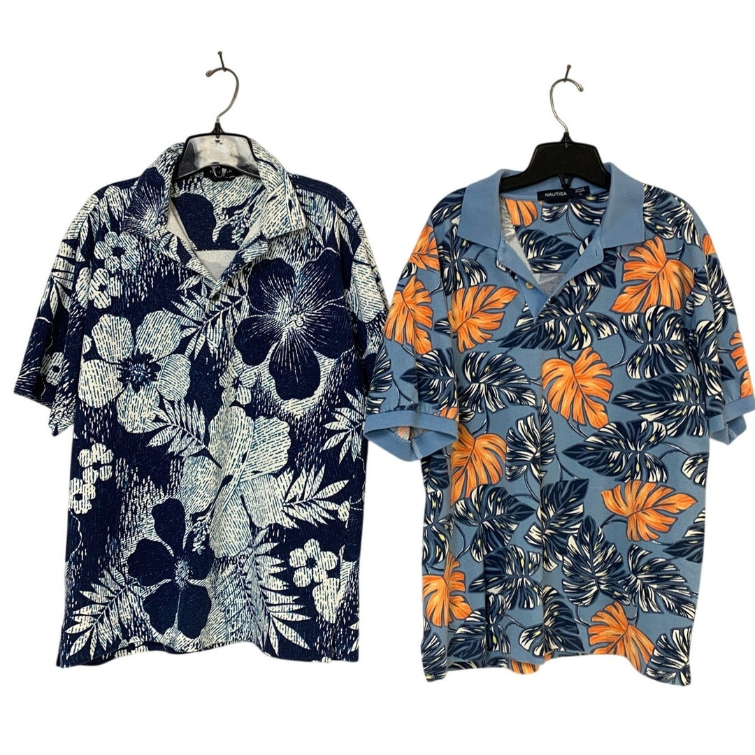 Lot of 2 Nautica Mens XL Blue Floral Tropoical Fern Short Sleeve Polo Shirts EUC