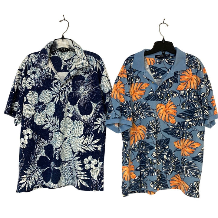 Lot of 2 Nautica Mens XL Blue Floral Tropoical Fern Short Sleeve Polo Shirts EUC