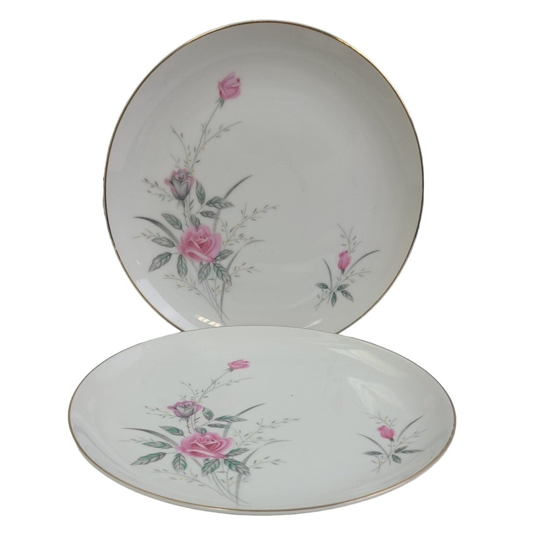 2 Vintage Golden Rose Flower Gold Rim Fine China Japan Large Dinner Plates
