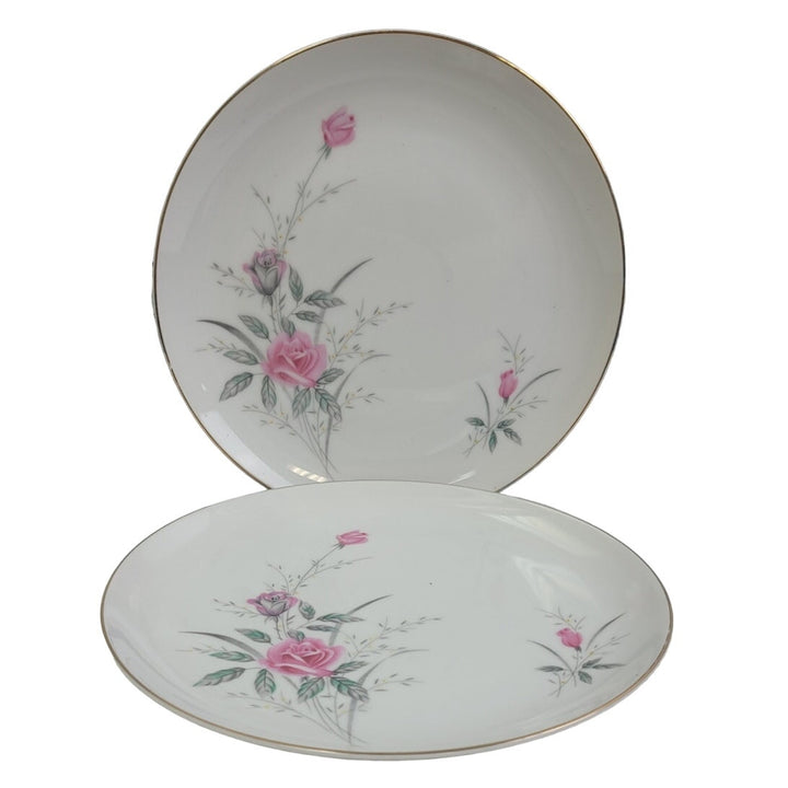 2 Vintage Golden Rose Flower Gold Rim Fine China Japan Large Dinner Plates