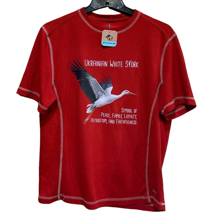 Upcycled Hand Printed Mens Medium Ukraine Peace Stork Bird Slava Ukraini Tee