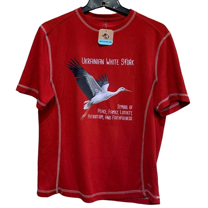 Upcycled Hand Printed Mens Medium Ukraine Peace Stork Bird Slava Ukraini Tee