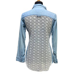 Hand Printed Upcycled Small Rose Flower Lacy Long Sleeve Denim Button Down Shirt