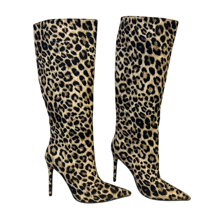 Caglglz Womens Size 7 Leopard Print 4.25" Heel Boot Pointed Toe Thigh High Shoes