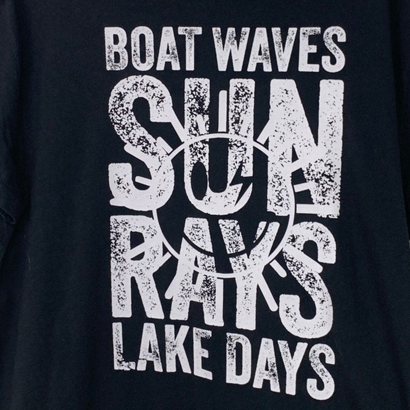 New Upcycled Hand Printed Womens Medium Boat Waves Sun Rays Lake Days Tee Shirt