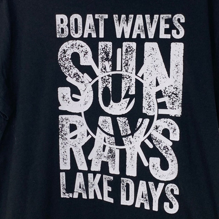 New Upcycled Hand Printed Womens Medium Boat Waves Sun Rays Lake Days Tee Shirt