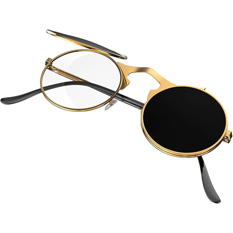 New Yvey Unisex Gold Black Retro 80s 90s Flip-Up Round Steampunk Sunglasses