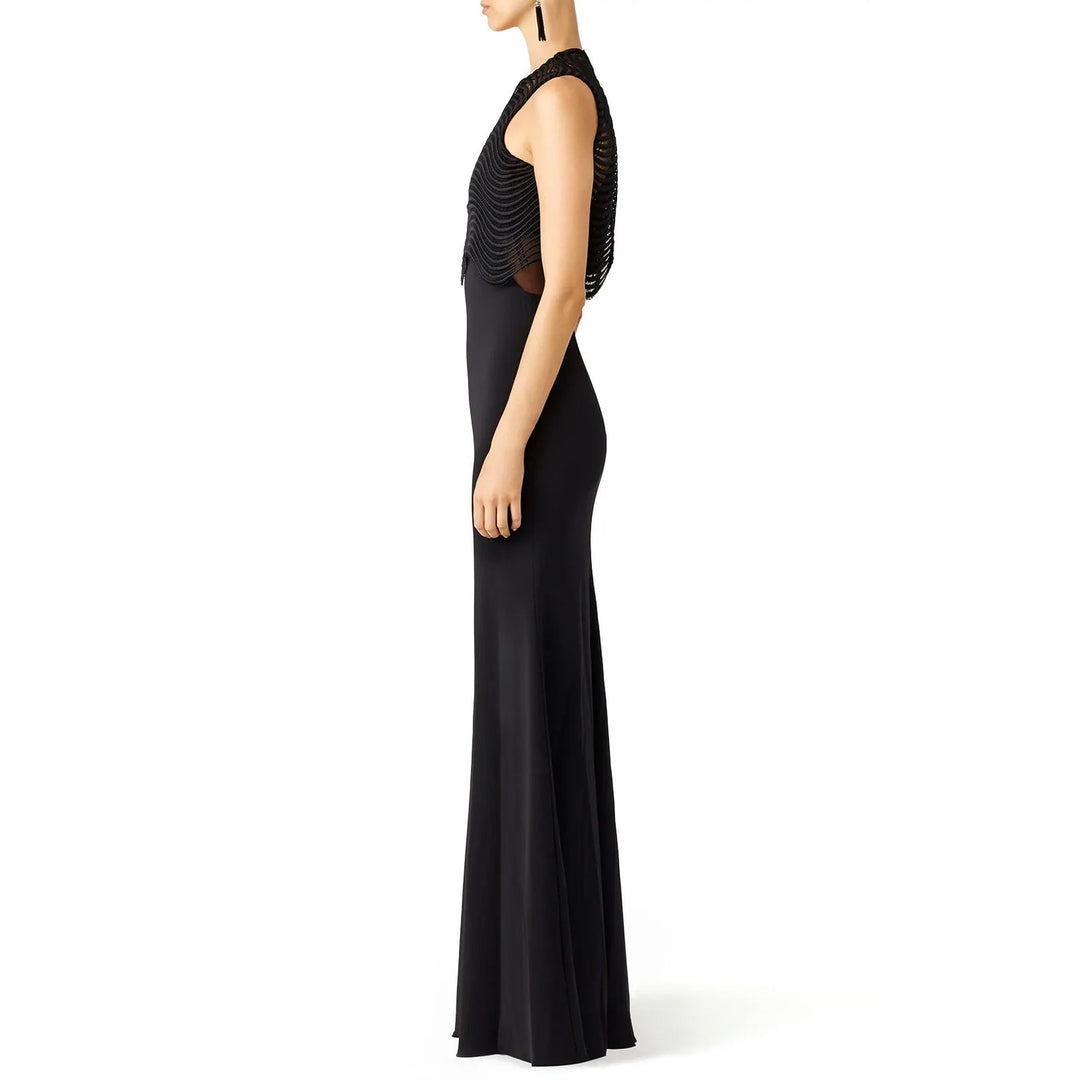 Badgley Mischka Size 12 Black Lace Jennifer Wave Popover Maxi Length Dress Gown