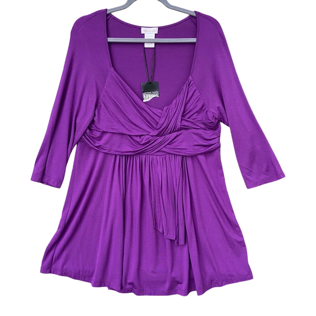 NWT New Monroe &amp; Main Womens XL Low V Neck Purple Half Sleeve Ruffle Blouse Top