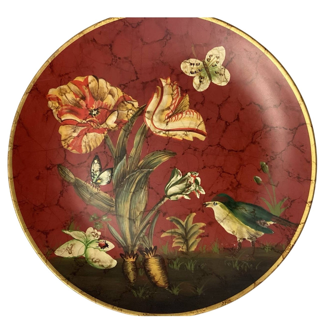 Collectible Red Bird Butterfly Floral Gold Rim Decorative Heavy Ceramic Plate