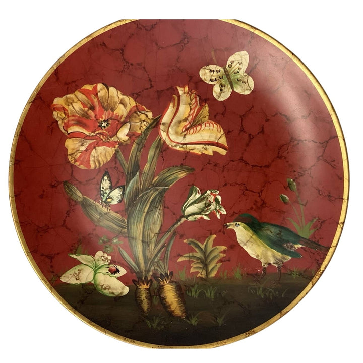 Collectible Red Bird Butterfly Floral Gold Rim Decorative Heavy Ceramic Plate