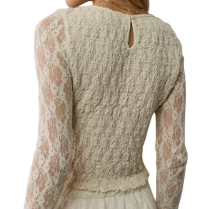 New American Eagle Womens Medium Cream Long Sleeve Lacy Sheer Smocked Top