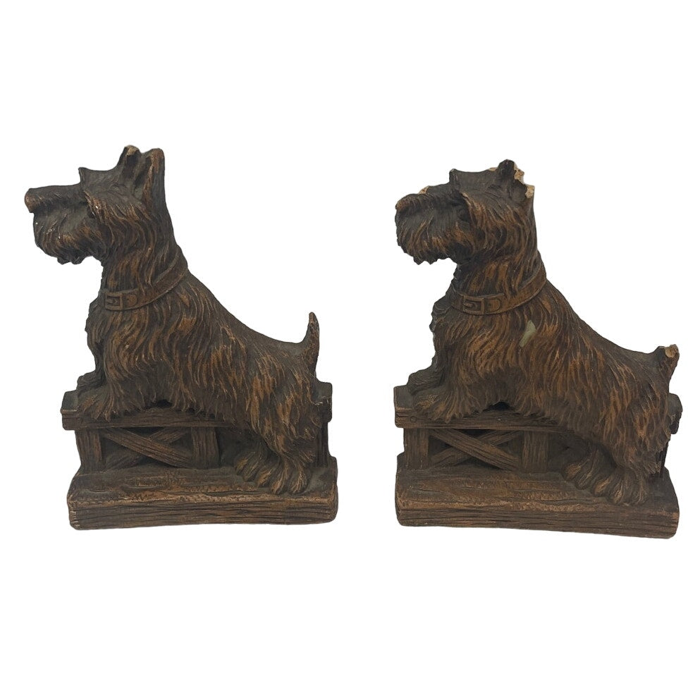 Vintage Hand Carved Wooden Scottie Dog Bookends w Chipped Ear